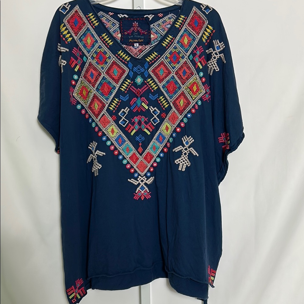 Johnny Was Los Angels Women’s Size Small Embroidered Navy Colorful Tunic Blouse